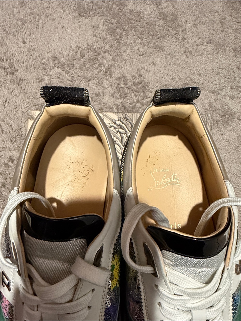 Christian Louboutin White, Black and Green Sequin-Accent Low-Top Sneakers - Picture 4 of 10